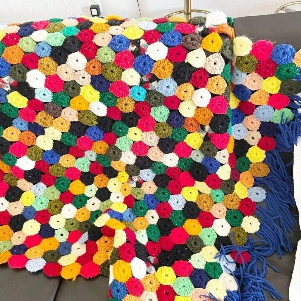 Vintage Afghan Blanket 55 x 36.5 Yo-Yo Puff Fringe Rainbow Colored Crochet Throw